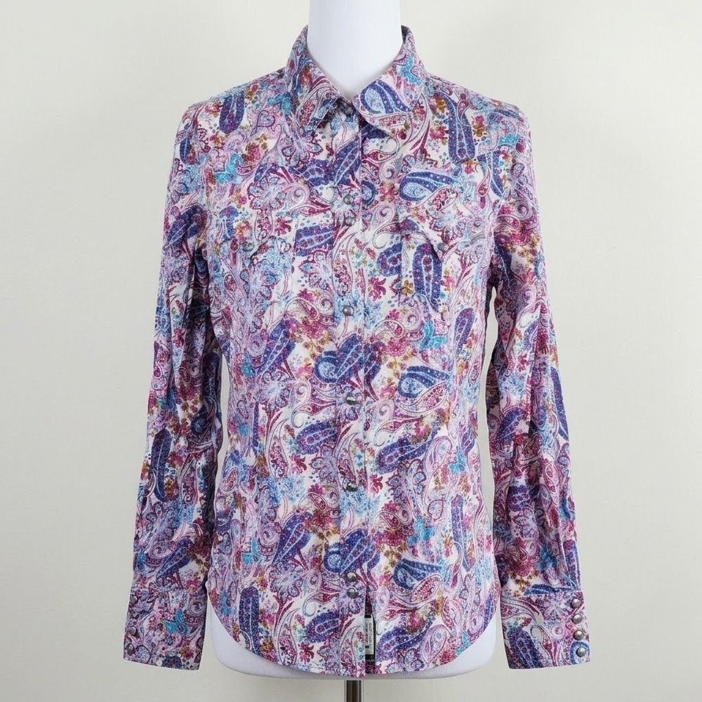 Ariat Paisley Western Snap Shirt Womens Medium Cotton Rodeo‎ Cowgirl Boho Pink
